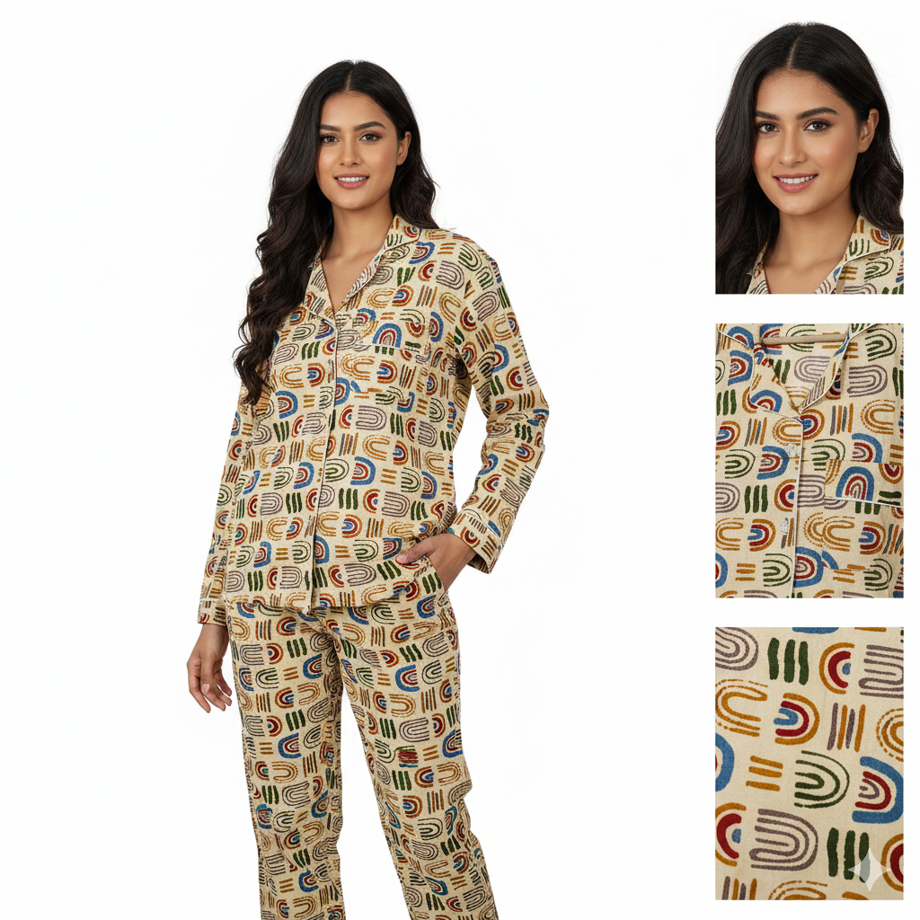 Women Gypsy Floral Geometric Print Summer Sleepwear Cotton Beige Night wear Top-Pajama set