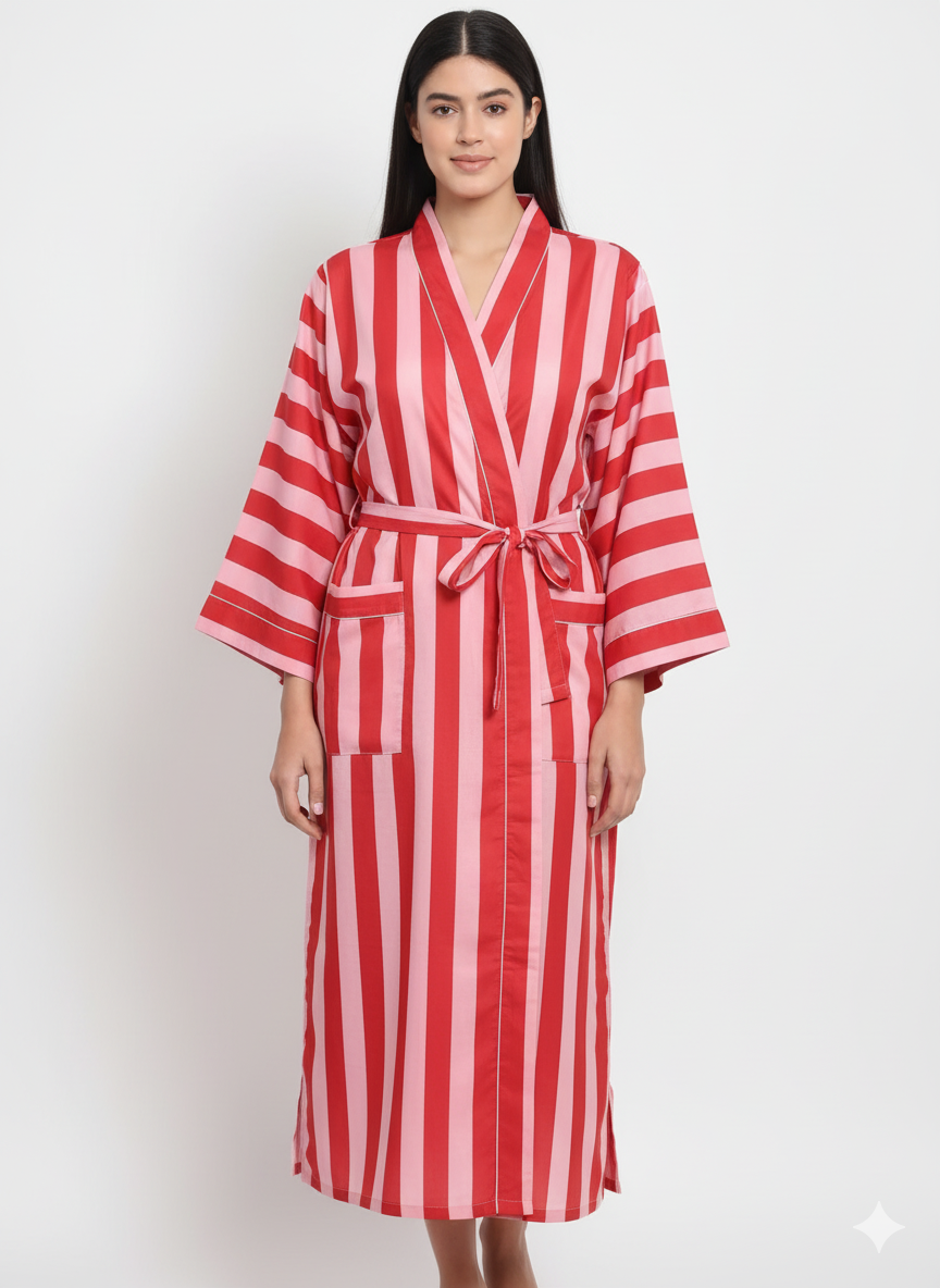 Stripe Print Bathrobe Cotton Kimono Robe Women Beach wear Red Ethnic Summer Beach Cover up