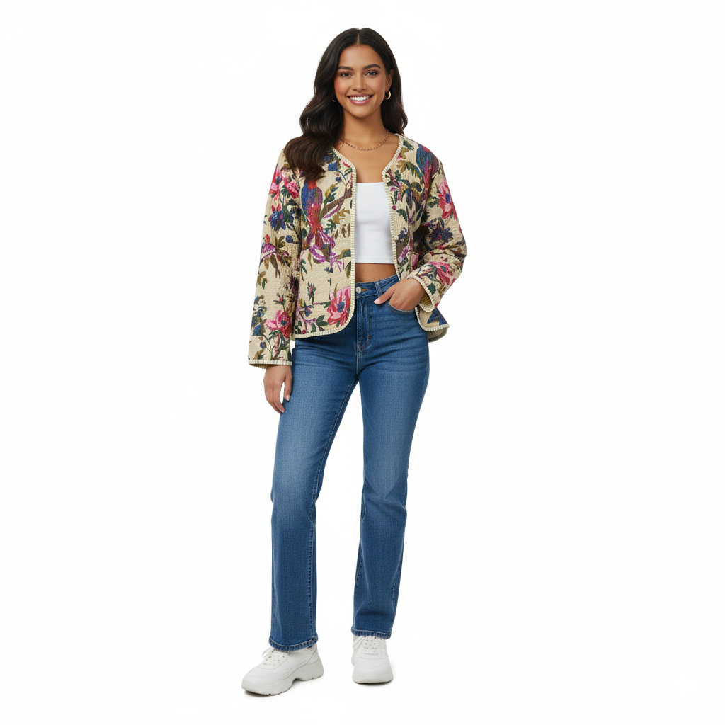 Lightweight Cotton Bird Print Floral Beige Quilted Short Jacket Women Biker Jacket Perfect for Winter wear