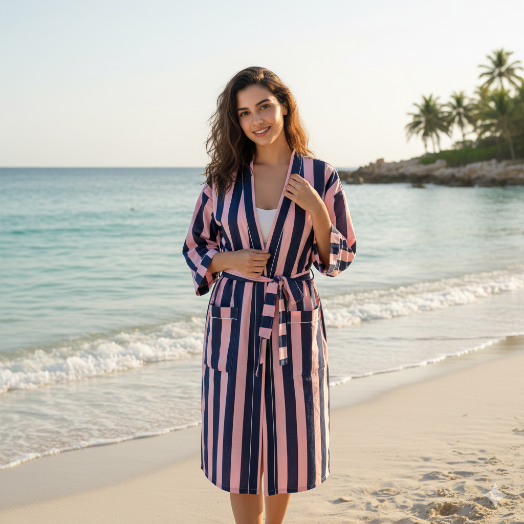 Stripe Print Bathrobe Cotton Kimono Robe for Women Beach wear Ethnic Summer Beach Cover up