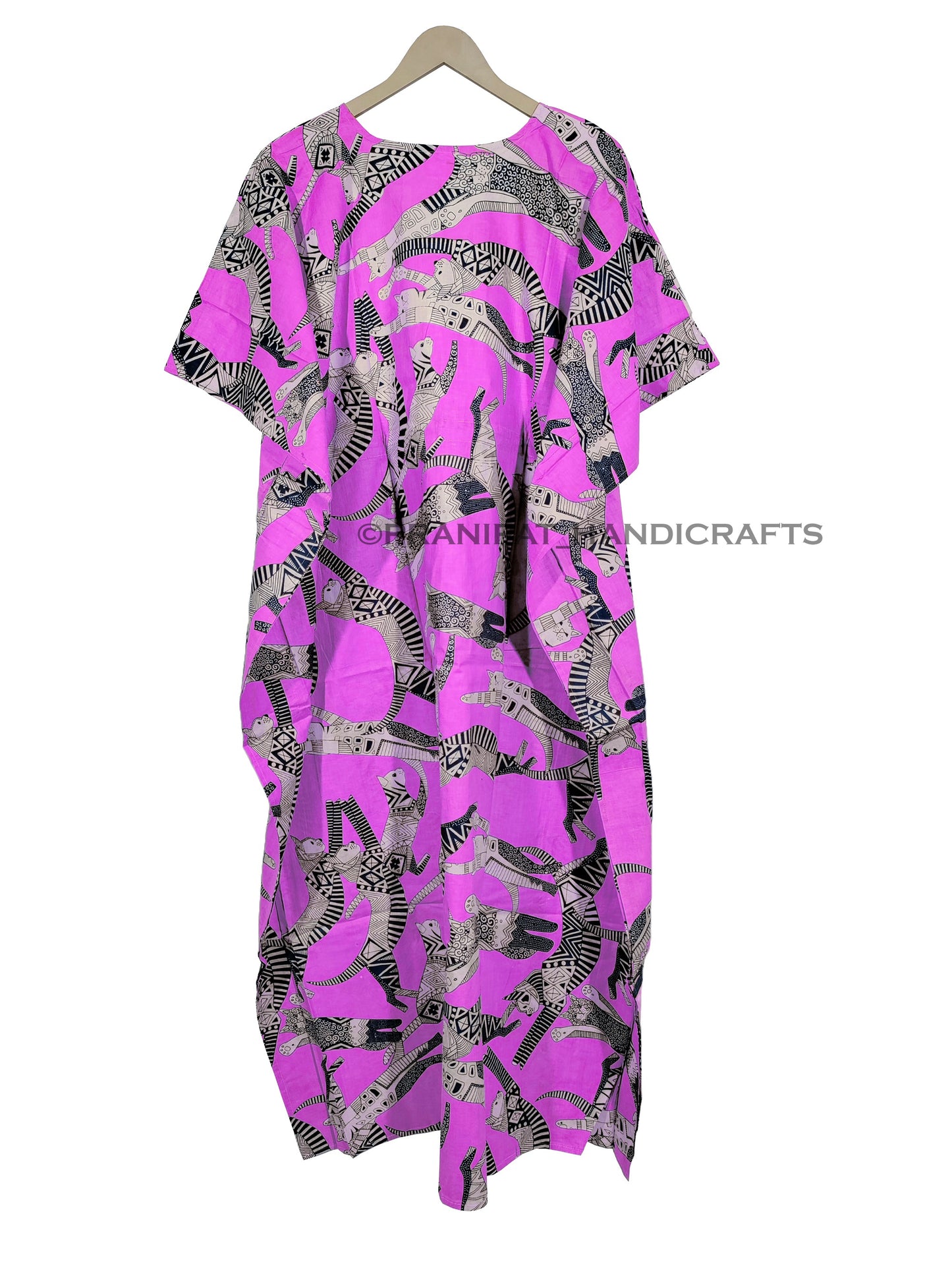 Handicraft Trend Egyptian Cat Print Beach Dress 100% Cotton Maxi cover up Sleepwear Women Hippie Caftan Dress - Handicraft Trend