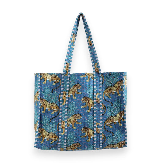 Women Cotton Baagh Tiger Printed Shopping Grocery & Beach Quilted Bag Shoulder Travel Tote Bag Gift for Her - Handicraft Trend