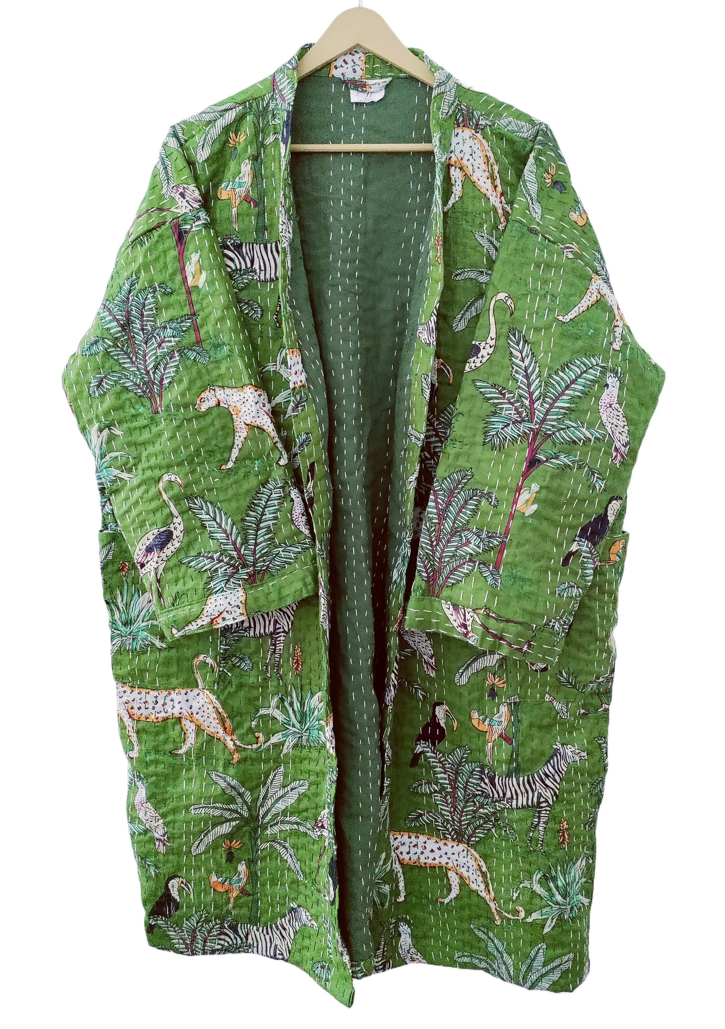 Lightweight Cotton Animal Print Green Handstitched Front Open Free Size Women Jacket Mid-Length