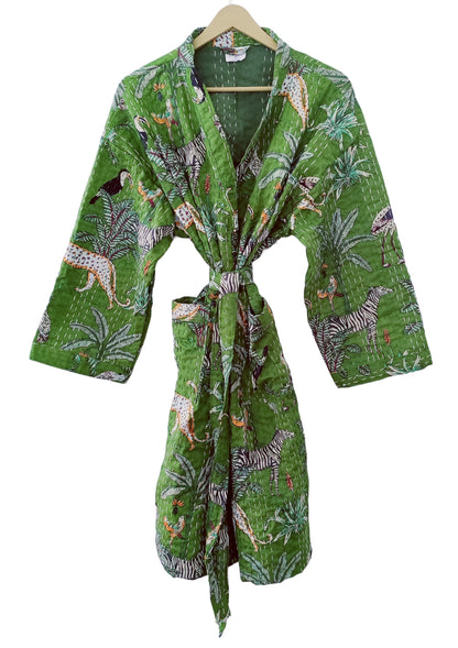 Lightweight Cotton Animal Print Green Handstitched Front Open Free Size Women Jacket Mid-Length