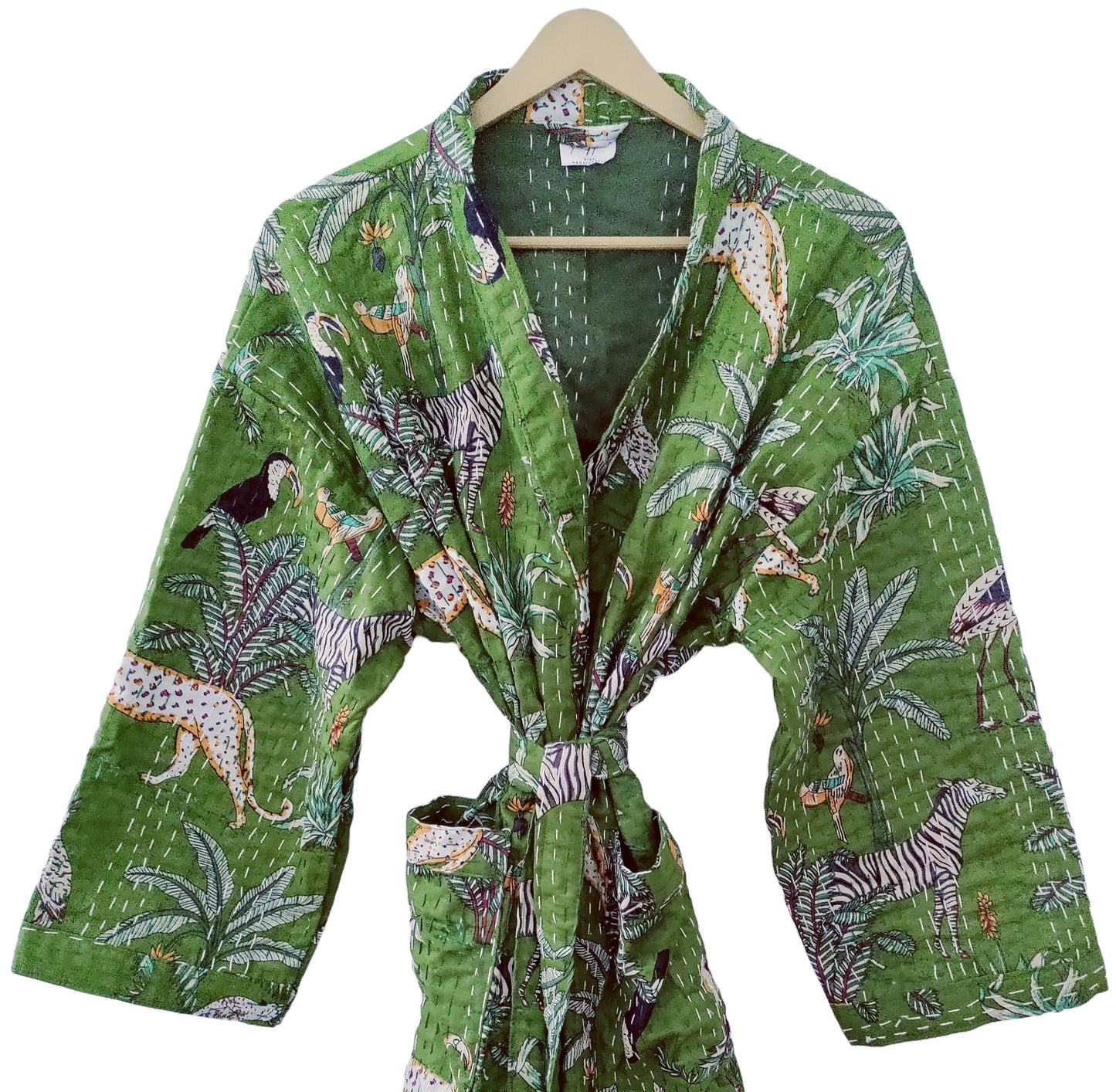 Lightweight Cotton Animal Print Green Handstitched Front Open Free Size Women Jacket Mid-Length