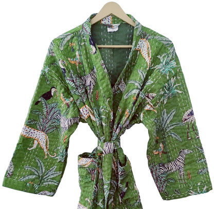 Lightweight Cotton Animal Print Green Handstitched Front Open Free Size Women Jacket Mid-Length