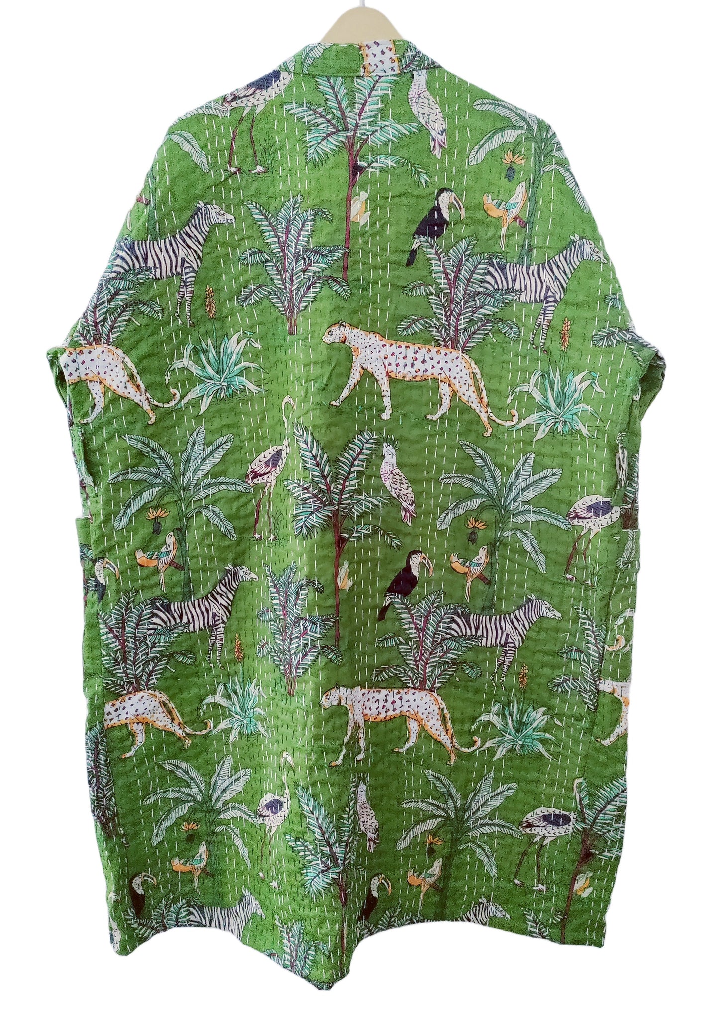 Lightweight Cotton Animal Print Green Handstitched Front Open Free Size Women Jacket Mid-Length