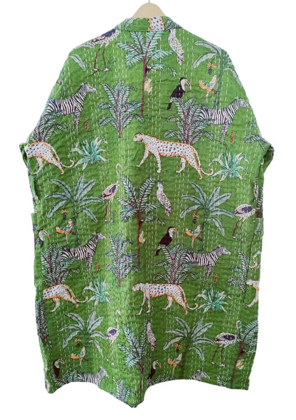 Lightweight Cotton Animal Print Green Handstitched Front Open Free Size Women Jacket Mid-Length