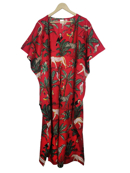 Handicraft Trend Monkey Print Beach Dress 100% Cotton Maxi cover up Sleepwear Women Hippie Caftan Dress - Handicraft Trend