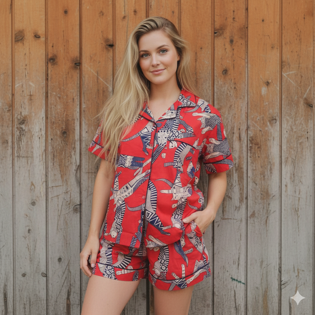 Egyptian Cat Summer Red Sleepwear Cotton Soft Night wear Lightweight Women Short Pajama Set