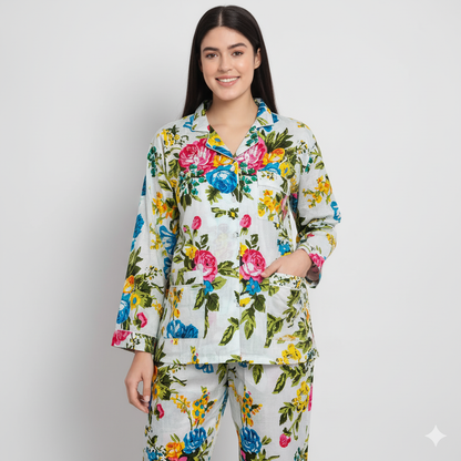Women Lightweight Multi Floral Summer Sleepwear Cotton Soft White Night wear Top-Pajama set