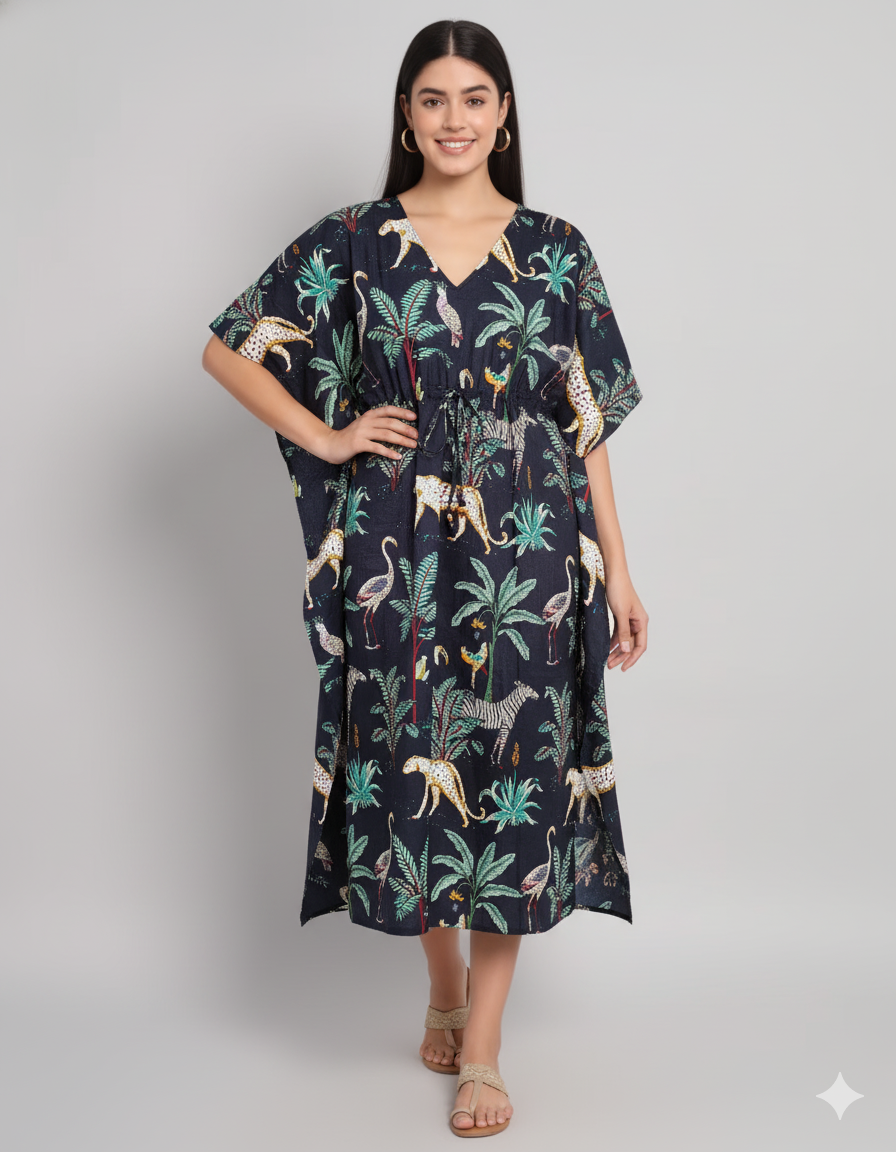 Handicraft Trend Animal Print Beach Dress 100% Cotton Maxi cover up Sleepwear Women Hippie Caftan Dress