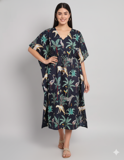 Handicraft Trend Animal Print Beach Dress 100% Cotton Maxi cover up Sleepwear Women Hippie Caftan Dress