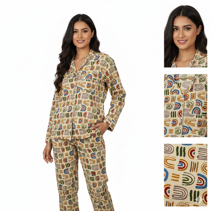 Women Gypsy Floral Geometric Print Summer Sleepwear Cotton Beige Night wear Top-Pajama set
