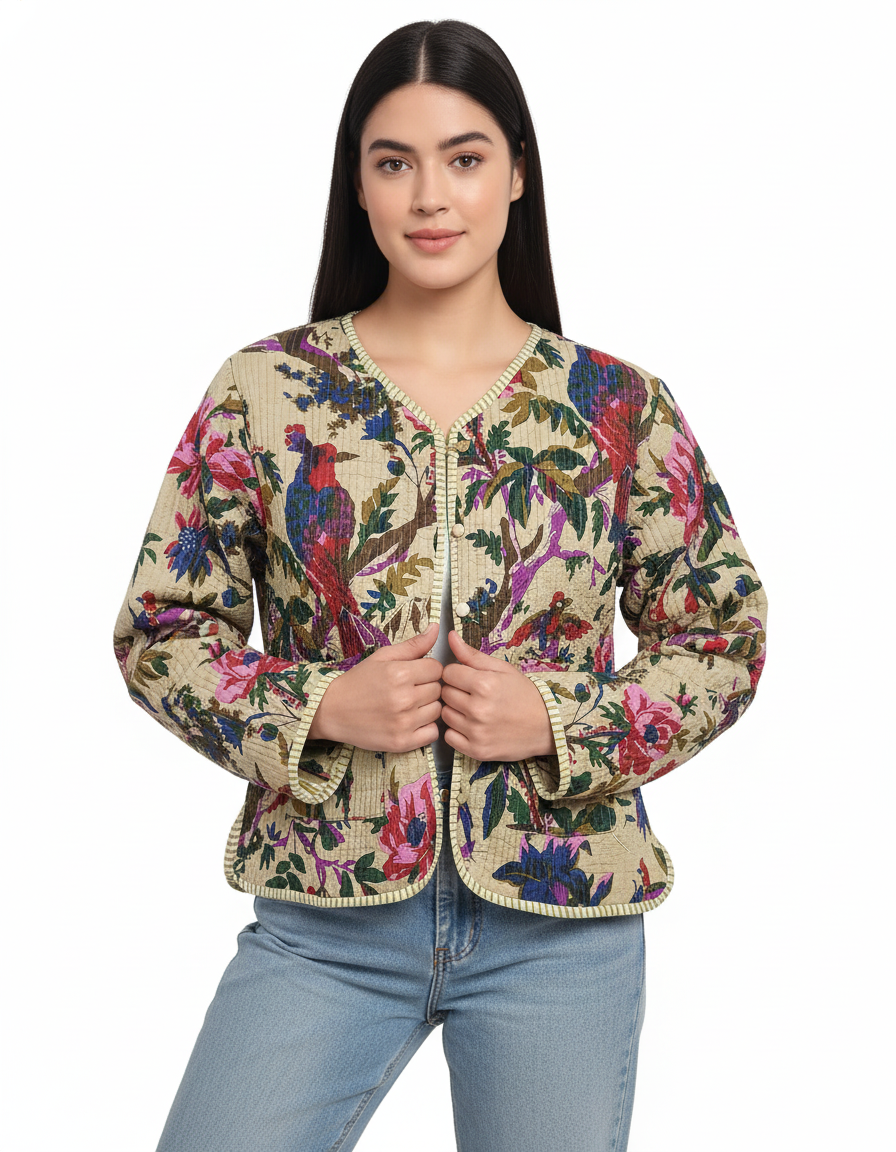 Lightweight Cotton Bird Print Floral Beige Quilted Short Jacket Women Biker Jacket Perfect for Winter wear