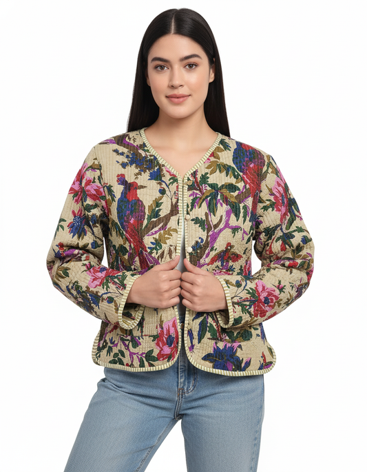 Lightweight Cotton Bird Print Floral Beige Quilted Short Jacket Women Biker Jacket Perfect for Winter wear