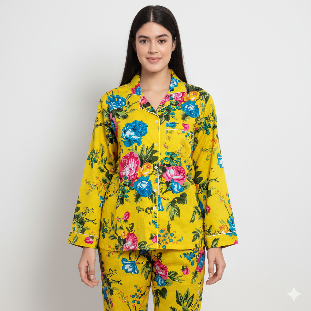 Women Multi Floral Summer Yellow Sleepwear Cotton Soft Night wear Lightweight Top-Pajama set