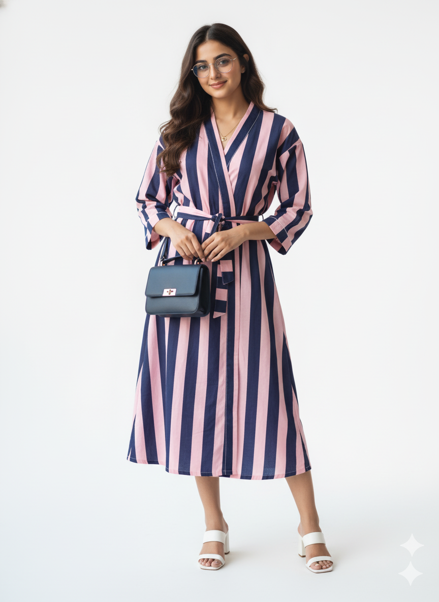 Stripe Print Bathrobe Cotton Kimono Robe for Women Beach wear Ethnic Summer Beach Cover up