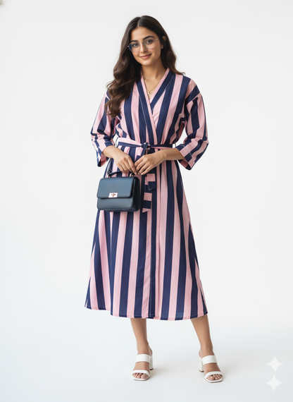 Stripe Print Bathrobe Cotton Kimono Robe for Women Beach wear Ethnic Summer Beach Cover up