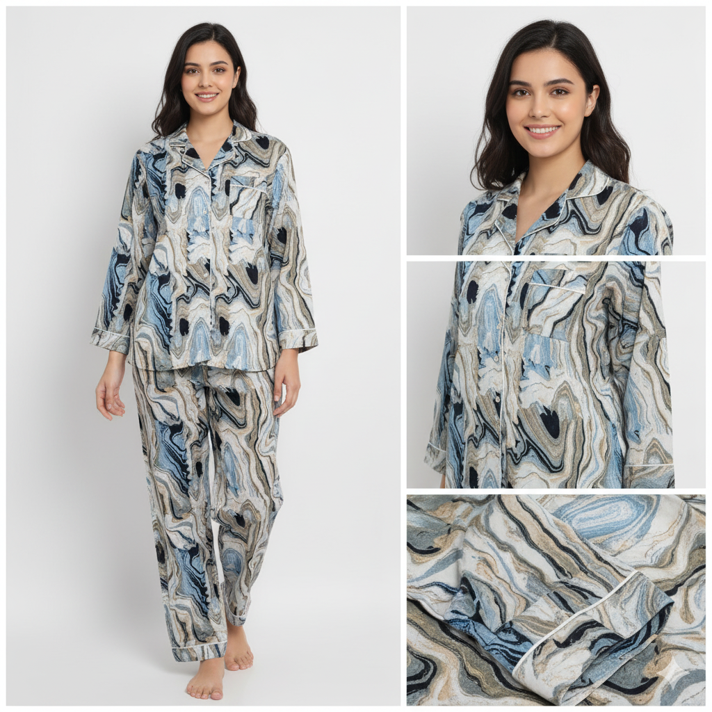 Women Abstract Summer Sleepwear Gypsy Cotton Blue Night wear Top-Pajama set