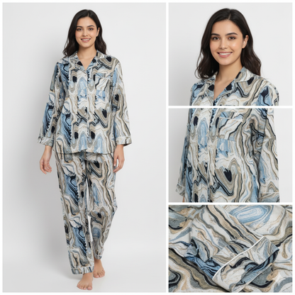 Women Abstract Summer Sleepwear Gypsy Cotton Blue Night wear Top-Pajama set