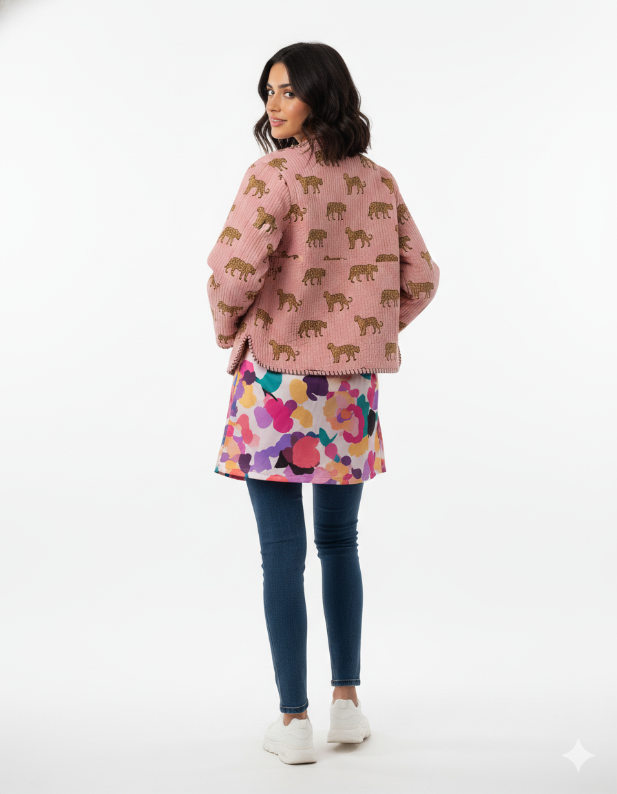 Cotton Leopard Print Quilted Short Jacket Peach Women Lightweight Biker Jacket Perfect for Winter wear