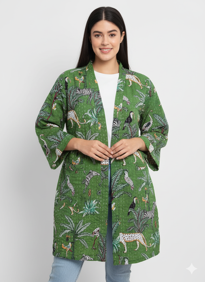 Lightweight Cotton Animal Print Green Handstitched Front Open Free Size Women Jacket Mid-Length