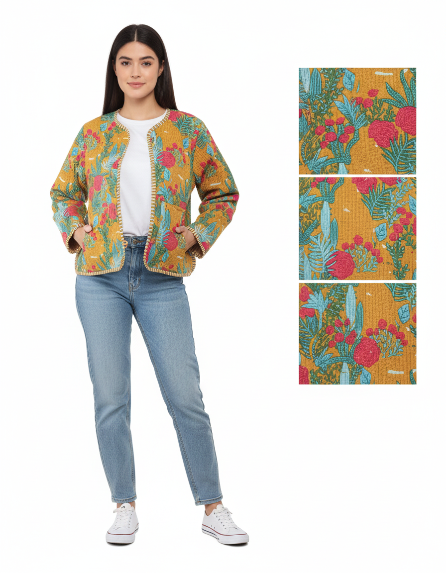 Lightweight Cotton Forest Print Floral Quilted Short Jacket Mustard Women Biker Jacket Perfect for Winter wear