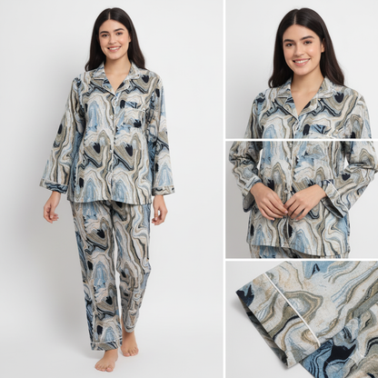 Women Abstract Summer Sleepwear Gypsy Cotton Blue Night wear Top-Pajama set