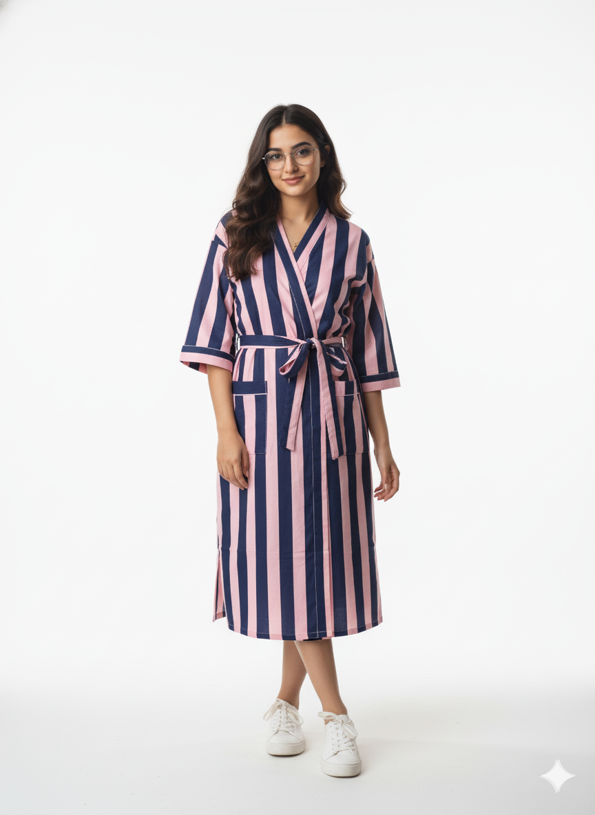 Stripe Print Bathrobe Cotton Kimono Robe for Women Beach wear Ethnic Summer Beach Cover up
