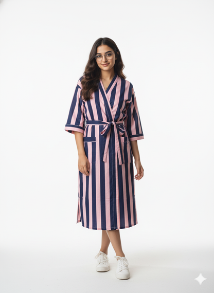 Stripe Print Bathrobe Cotton Kimono Robe for Women Beach wear Ethnic Summer Beach Cover up