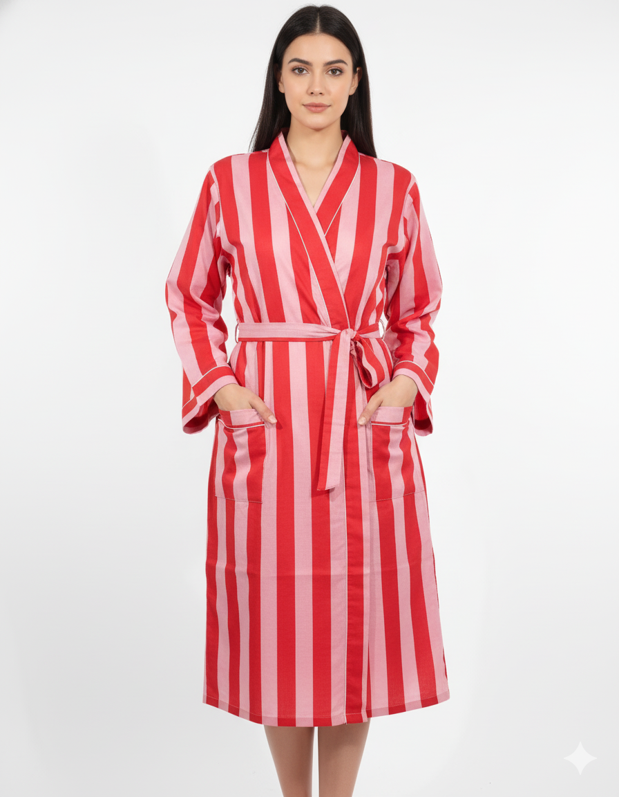 Stripe Print Bathrobe Cotton Kimono Robe Women Beach wear Red Ethnic Summer Beach Cover up