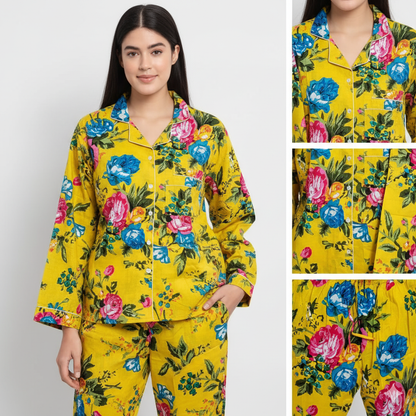 Women Multi Floral Summer Yellow Sleepwear Cotton Soft Night wear Lightweight Top-Pajama set