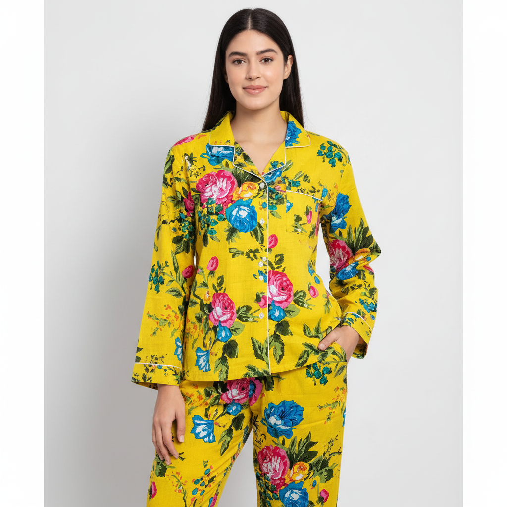 Women Multi Floral Summer Yellow Sleepwear Cotton Soft Night wear Lightweight Top-Pajama set