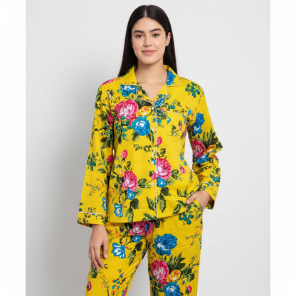 Women Multi Floral Summer Yellow Sleepwear Cotton Soft Night wear Lightweight Top-Pajama set