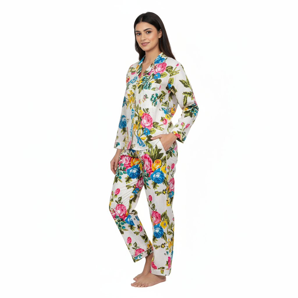 Women Lightweight Multi Floral Summer Sleepwear Cotton Soft White Night wear Top-Pajama set