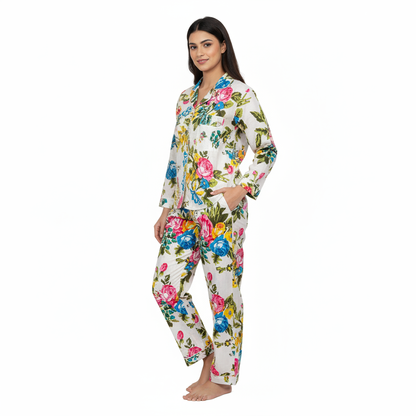 Women Lightweight Multi Floral Summer Sleepwear Cotton Soft White Night wear Top-Pajama set