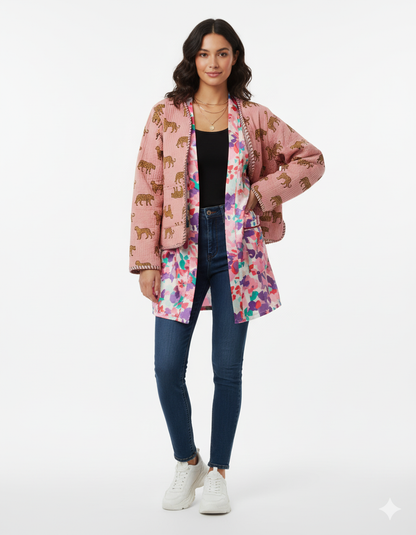 Cotton Leopard Print Quilted Short Jacket Peach Women Lightweight Biker Jacket Perfect for Winter wear