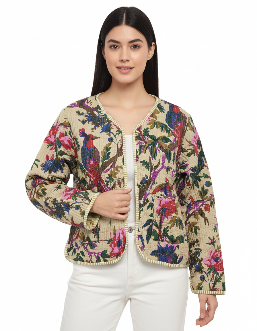 Lightweight Cotton Bird Print Floral Beige Quilted Short Jacket Women Biker Jacket Perfect for Winter wear