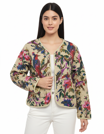 Lightweight Cotton Bird Print Floral Beige Quilted Short Jacket Women Biker Jacket Perfect for Winter wear