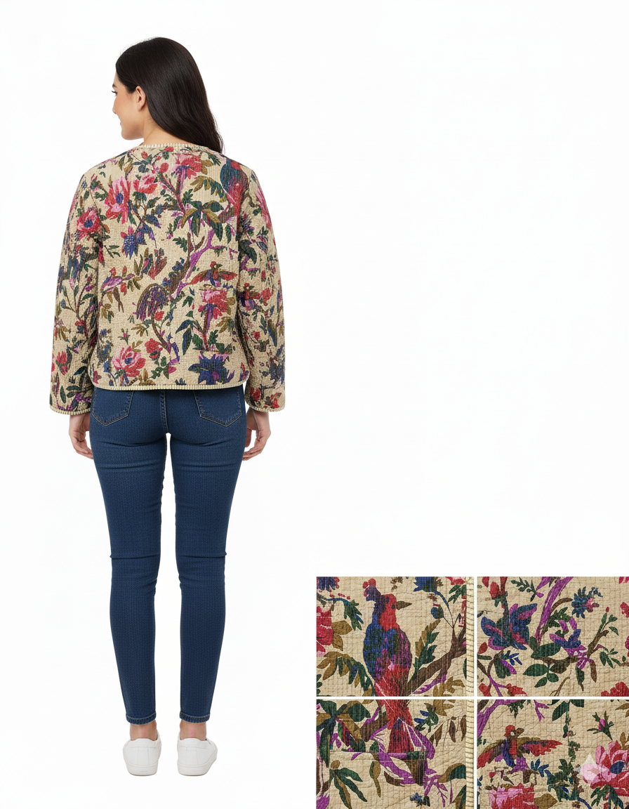 Lightweight Cotton Bird Print Floral Beige Quilted Short Jacket Women Biker Jacket Perfect for Winter wear
