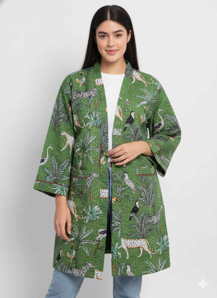 Lightweight Cotton Animal Print Green Handstitched Front Open Free Size Women Jacket Mid-Length