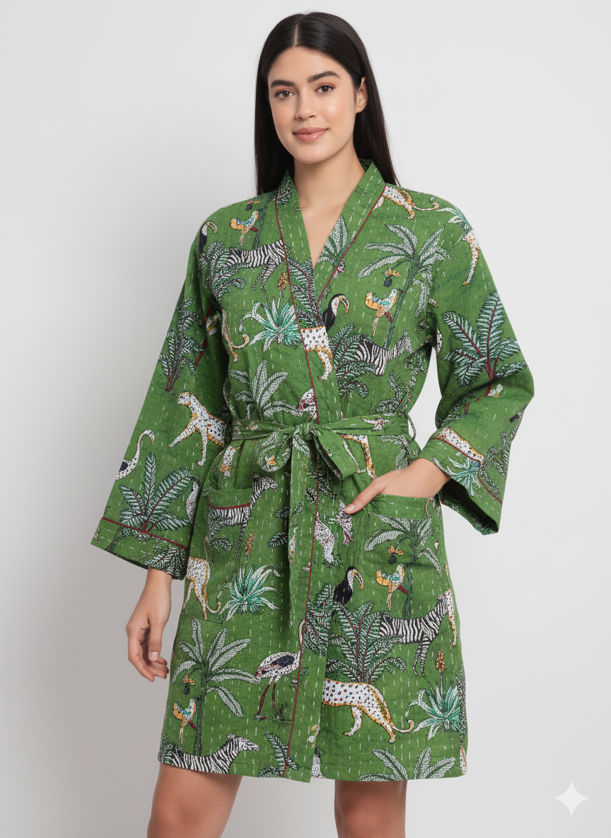 Lightweight Cotton Animal Print Green Handstitched Front Open Free Size Women Jacket Mid-Length