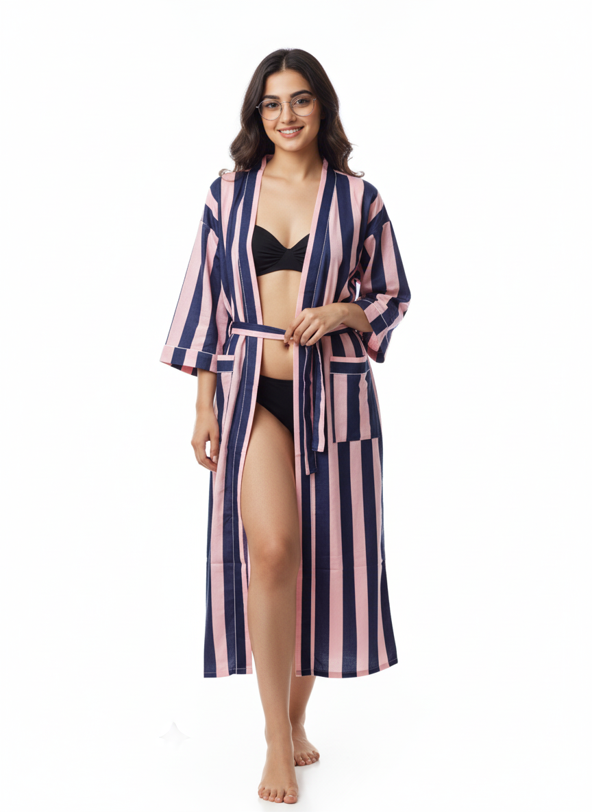 Stripe Print Bathrobe Cotton Kimono Robe for Women Beach wear Ethnic Summer Beach Cover up