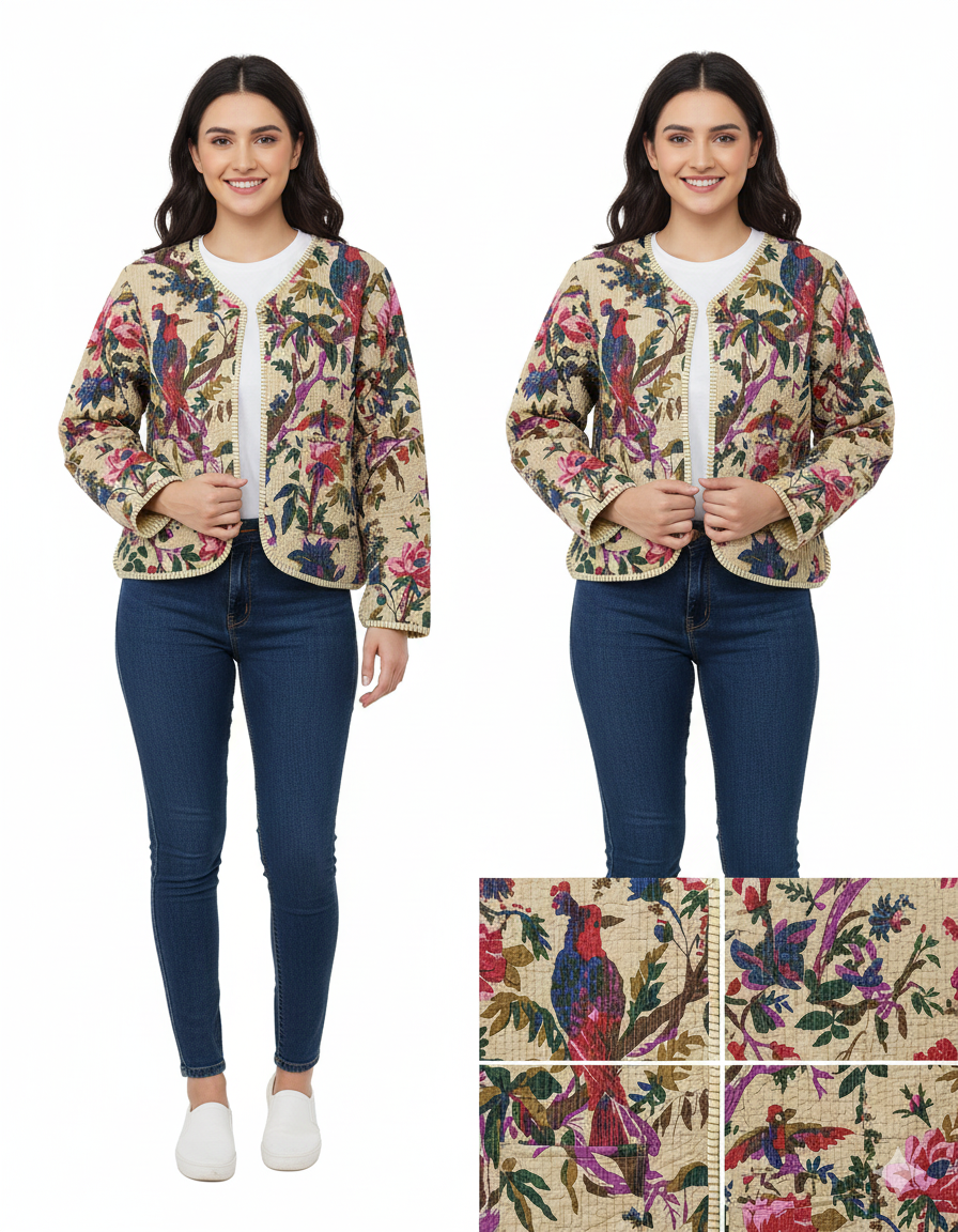 Lightweight Cotton Bird Print Floral Beige Quilted Short Jacket Women Biker Jacket Perfect for Winter wear