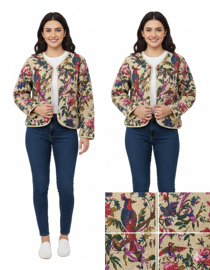 Lightweight Cotton Bird Print Floral Beige Quilted Short Jacket Women Biker Jacket Perfect for Winter wear