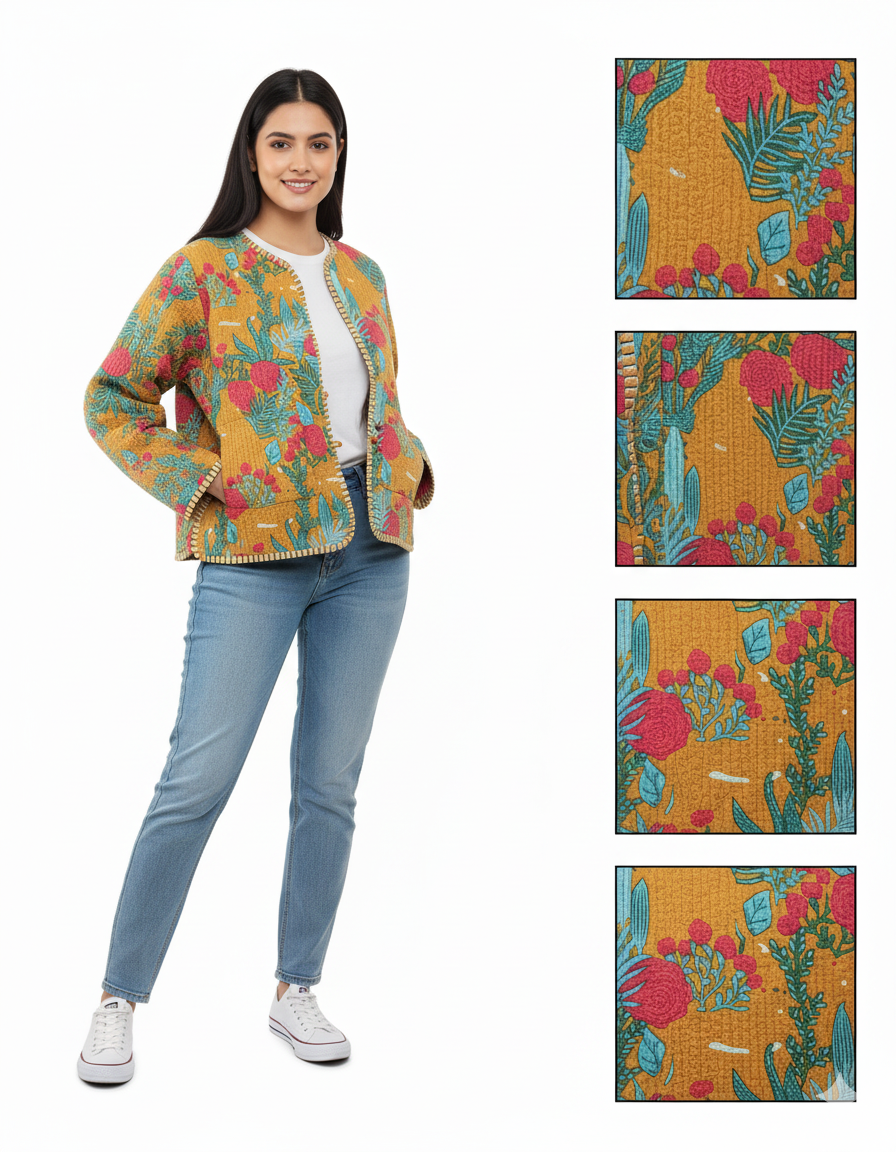 Lightweight Cotton Forest Print Floral Quilted Short Jacket Mustard Women Biker Jacket Perfect for Winter wear