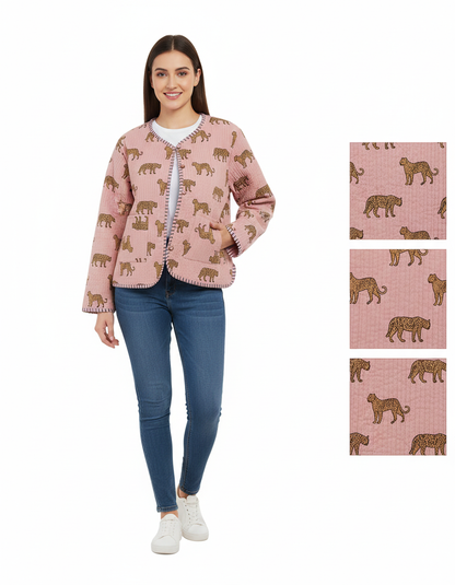 Cotton Leopard Print Quilted Short Jacket Peach Women Lightweight Biker Jacket Perfect for Winter wear