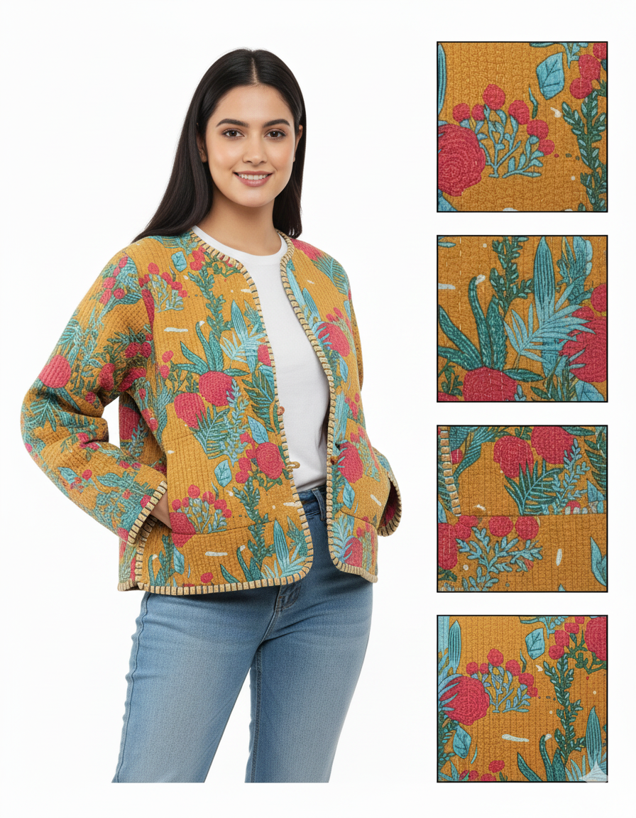 Lightweight Cotton Forest Print Floral Quilted Short Jacket Mustard Women Biker Jacket Perfect for Winter wear