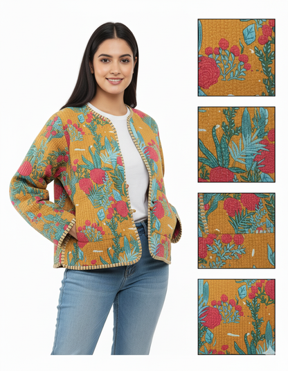 Lightweight Cotton Forest Print Floral Quilted Short Jacket Mustard Women Biker Jacket Perfect for Winter wear